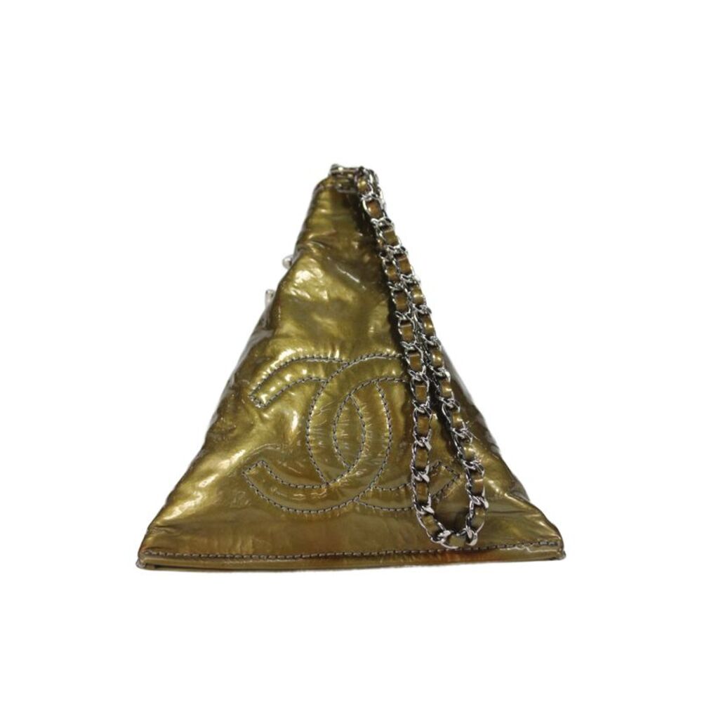 Chanel Womens Patent Leather Bon Bon Pyramid Clutch Handbag Green